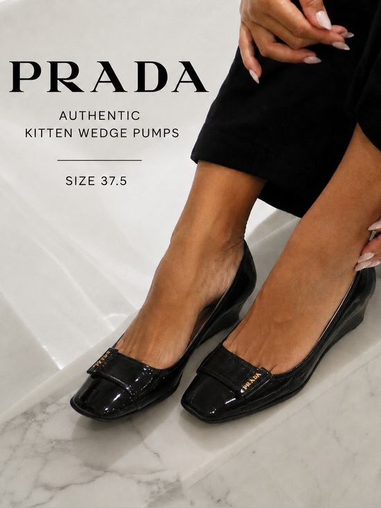 Prada Shoes - Prada Patent Leather Kitten Wedge Pumps Black Logo Heels EU 37.5 Authentic